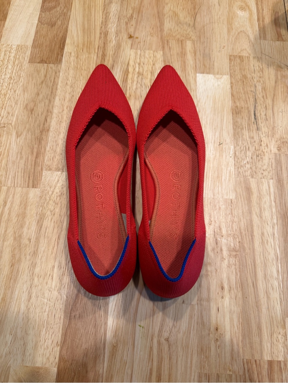 Rothy's Red Pointed Knit Flats with Blue Trim
